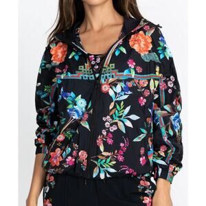 JOHNNY WAS Dreamer Zip-up Windbreaker Jacket  Black Floral Hood Sz Medium